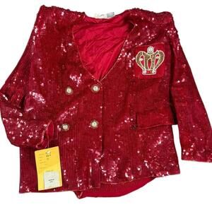 MODI Red Sequin Crown Jacket 100% Silk Vintage 80s Statement Blazer S 6-8